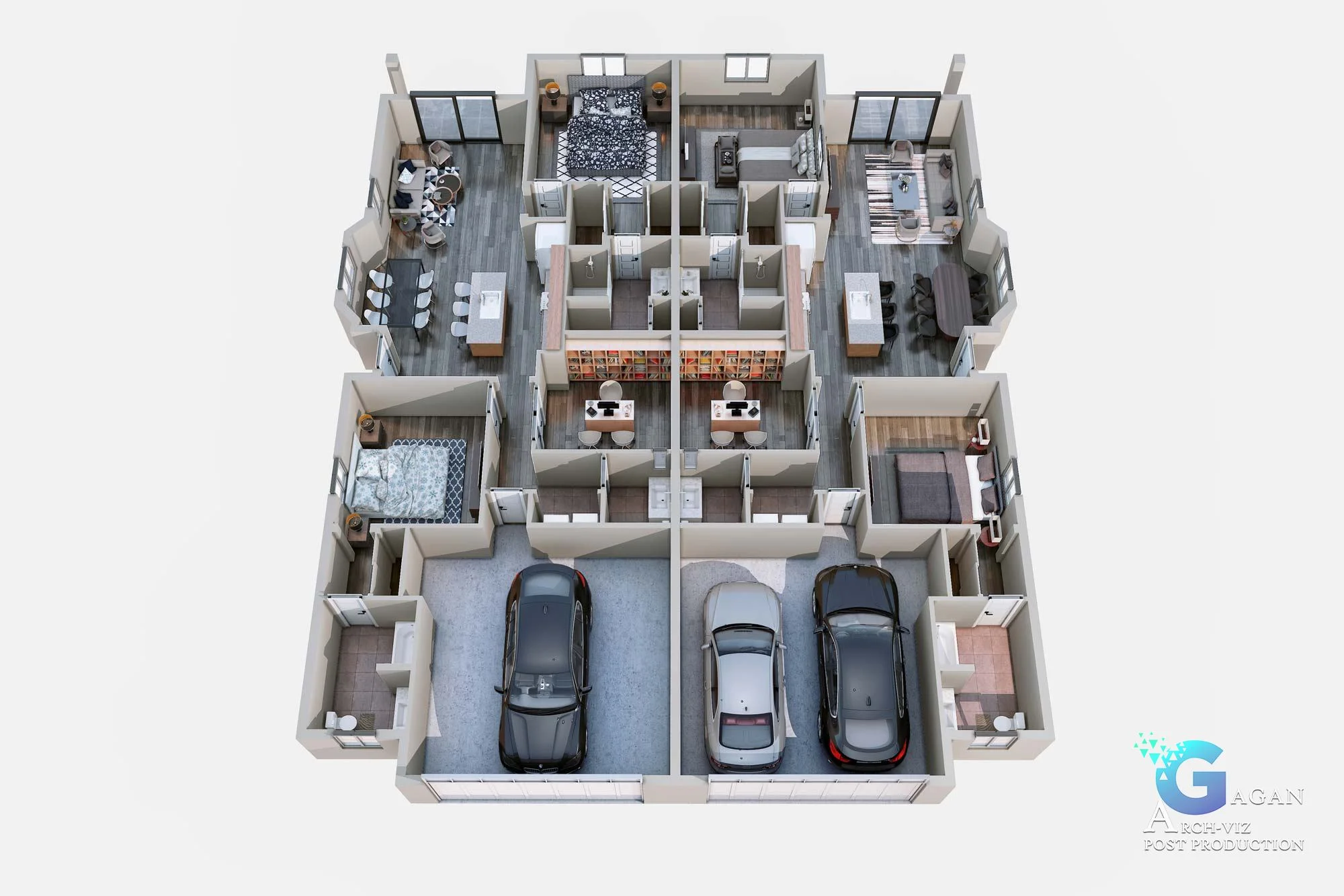 Preston Estates 3d floor plan rendering, furniture's in room & car in garage home