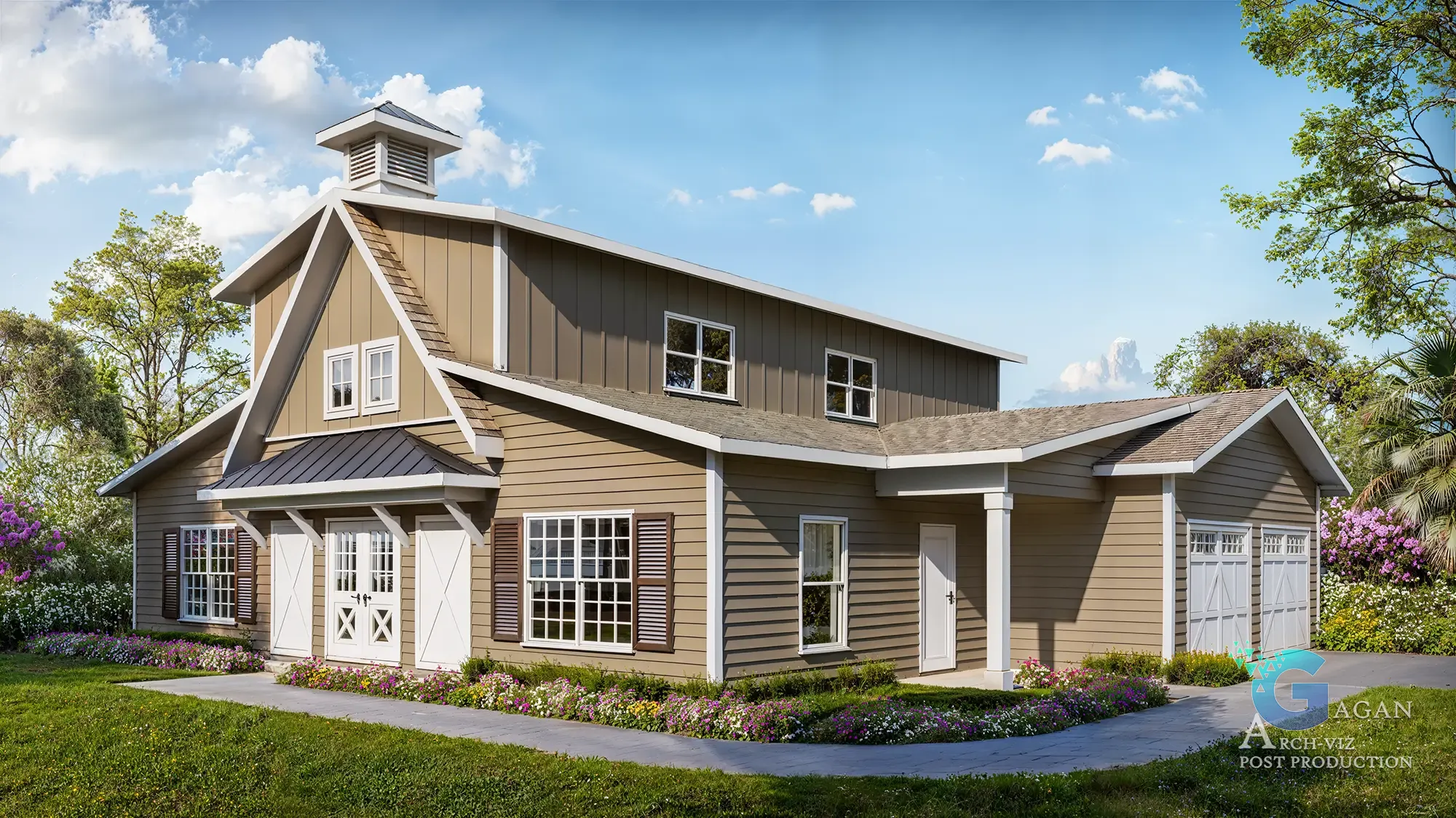 High-quality 3D render of a modern barn-style house, showcasing realistic textures, gabled roof, glass-pane double doors, and a landscaped garden under a clear sky, river cottage