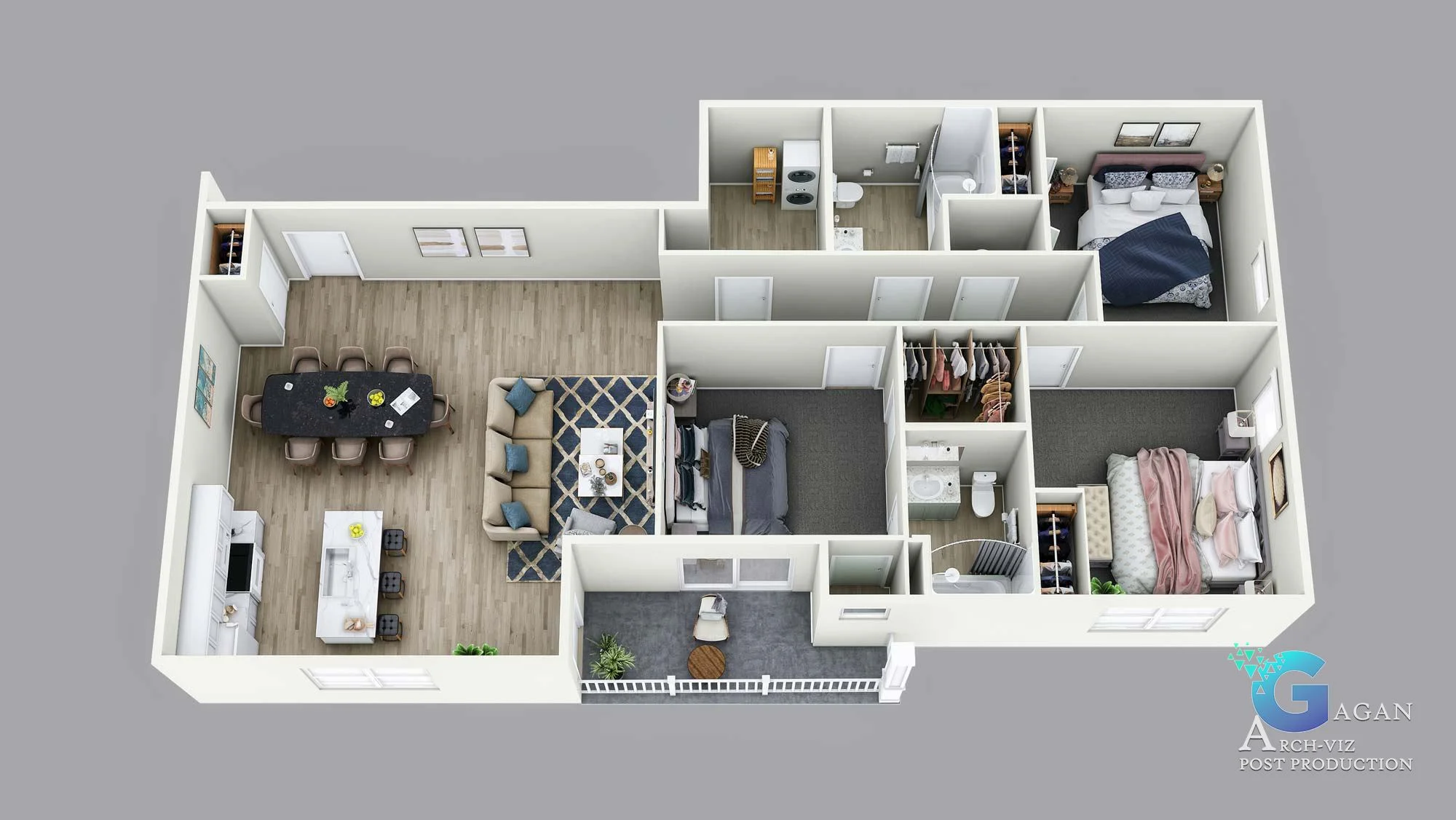 Rivers Edge floor plan 3d visualization rendering, furniture's in all room like bed, sofa, dining table and chair etc.