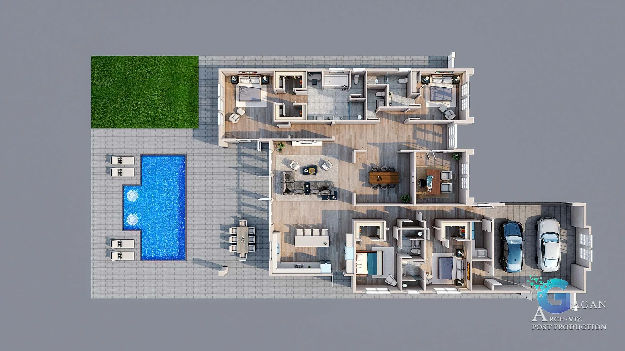 3d floor plan rendering for summa ST, showing furniture in all rooms, cars in garage