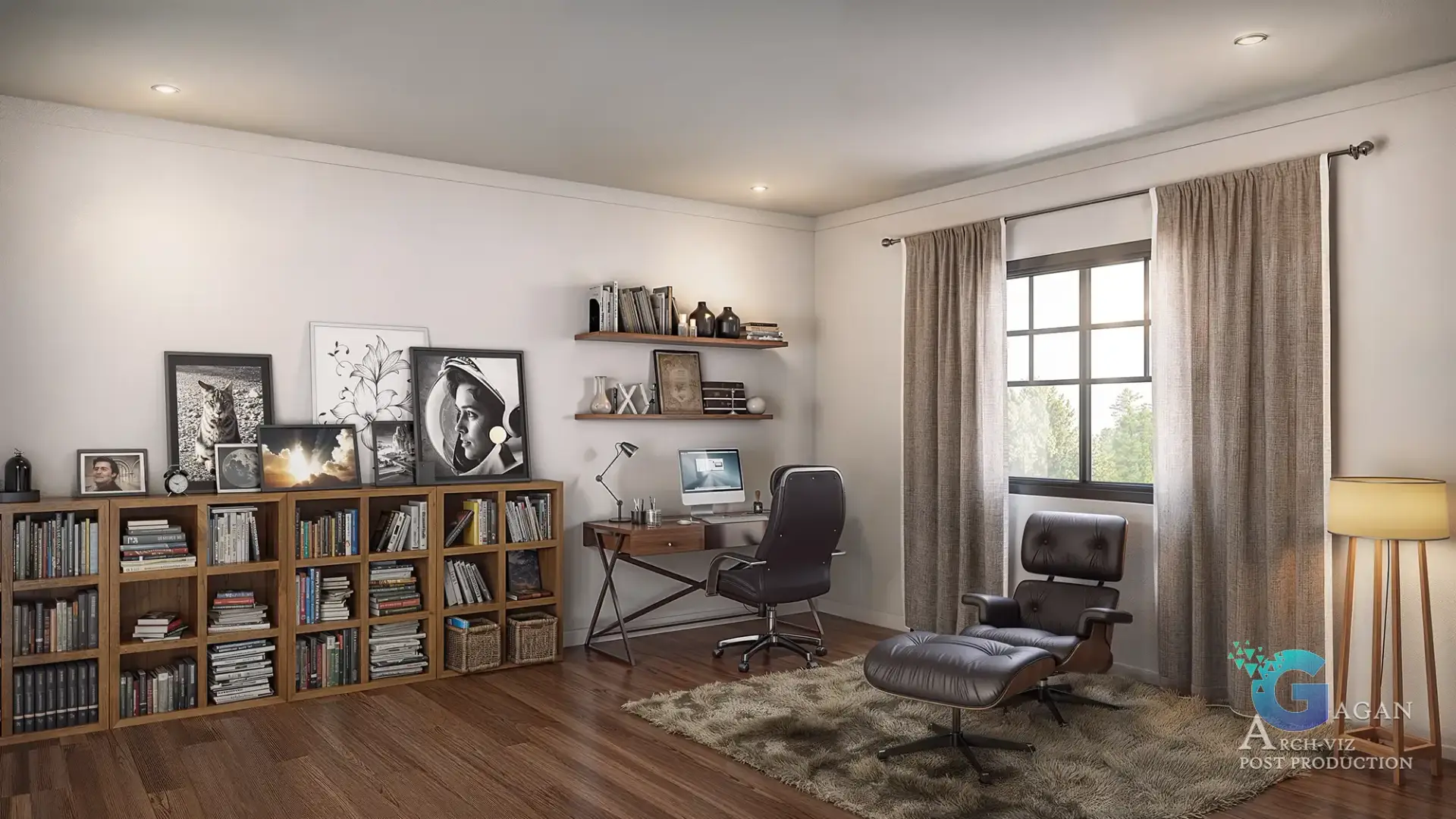 Modern home office with wooden bookshelves, a sleek workspace, and a cozy reading nook featuring a leather lounge chair, enhanced with architectural visualization post-production.