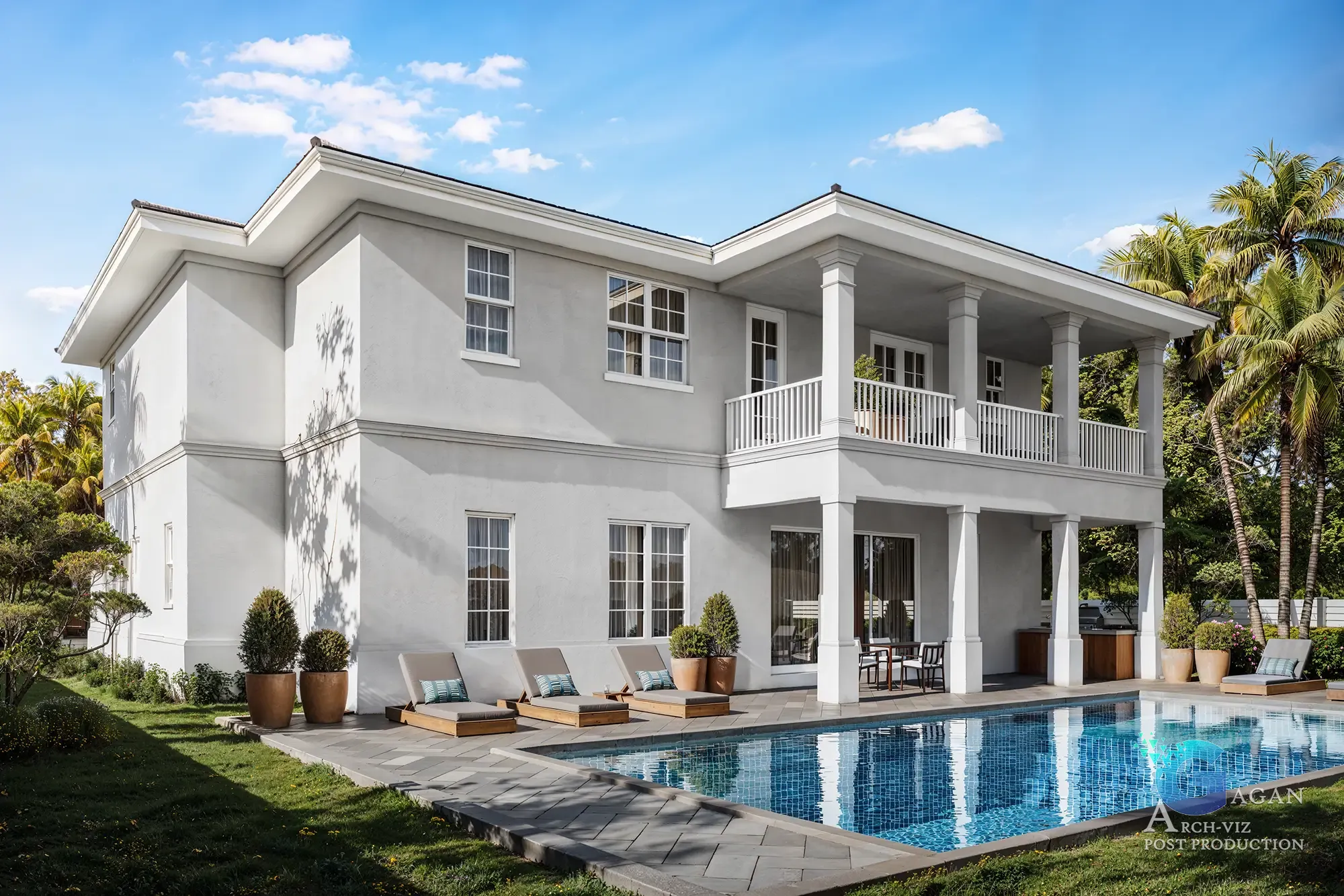 3D render of a modern two-story house with a tropical poolside setting, showcasing realistic textures, architectural details, and post-production enhancements.