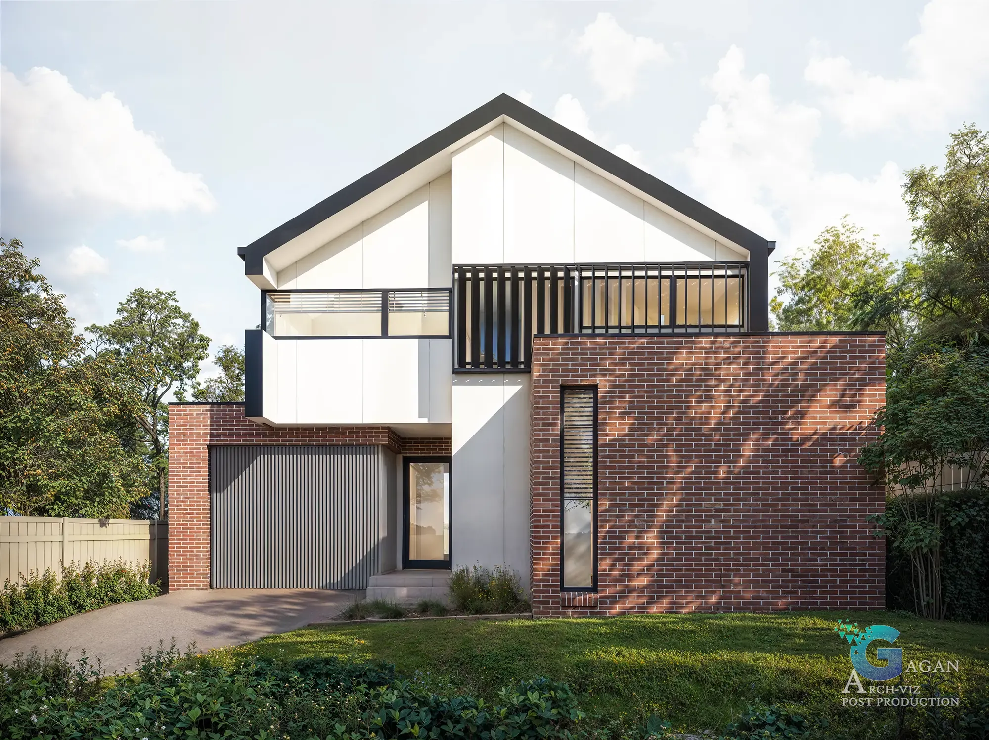 Contemporary suburban home CGI Rendering with brick and white panel exterior, black trim sloped roof, large windows, balcony, and landscaped lawn