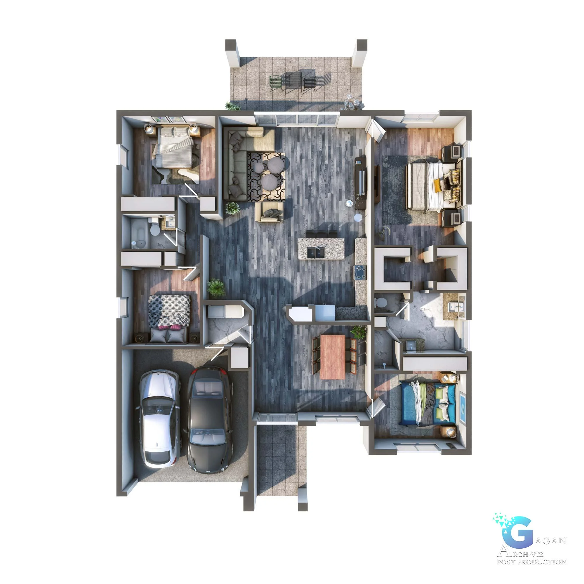 floor plan 3d rendering of a house, showcasing interior furniture like bed, sofa carpet, dinning table & car in garage savanna
