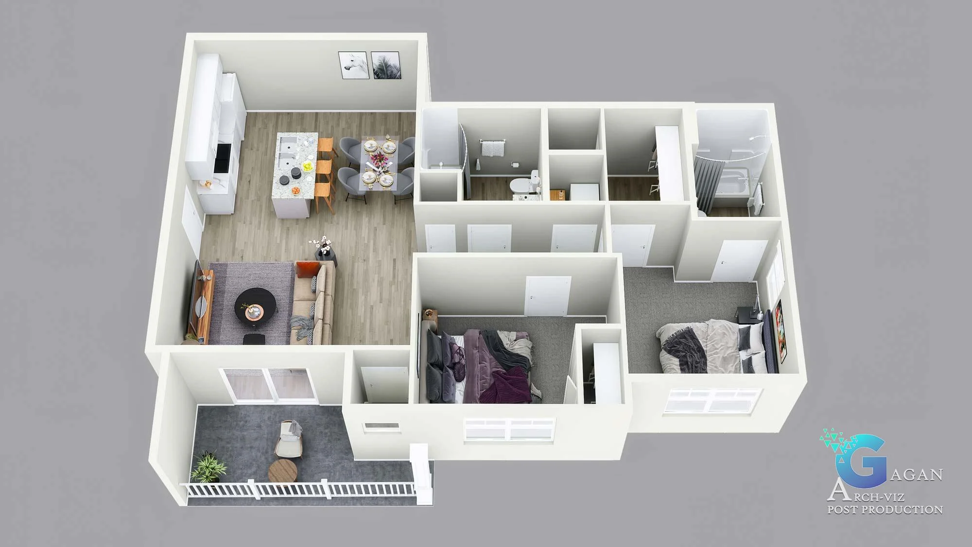 3D CGI apartment floor plan rendering displaying a practical layout with a kitchen, dining area, living room, two bedrooms, a bathroom, and a balcony with outdoor furniture.