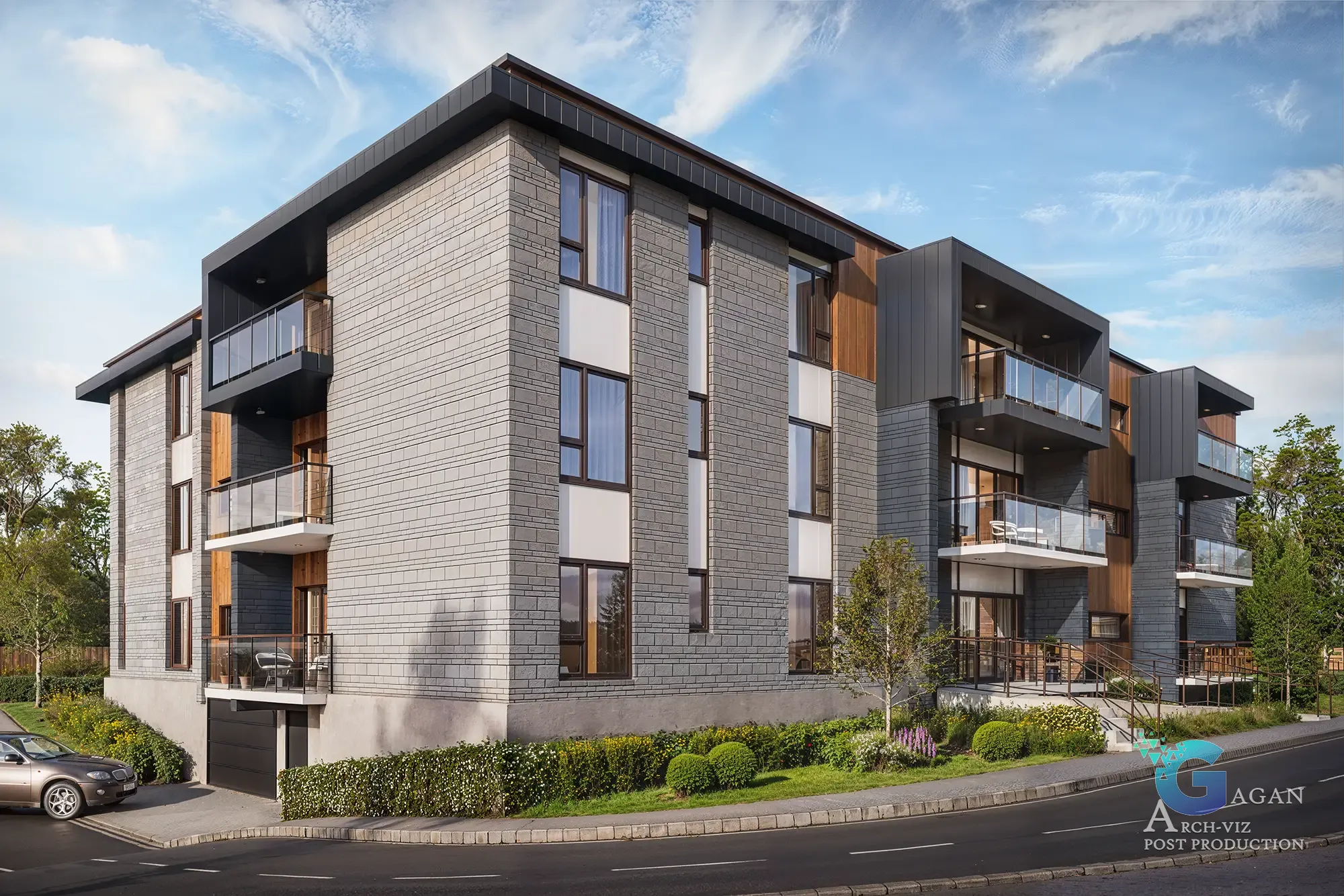 3D render of a modern multi-story residential building featuring glass railings on balconies, a combination of brick, wood, and metal materials, flat roof, geometric design, landscaped greenery, and a car parked on the sidewalk ST-BENOÎT-LABRE