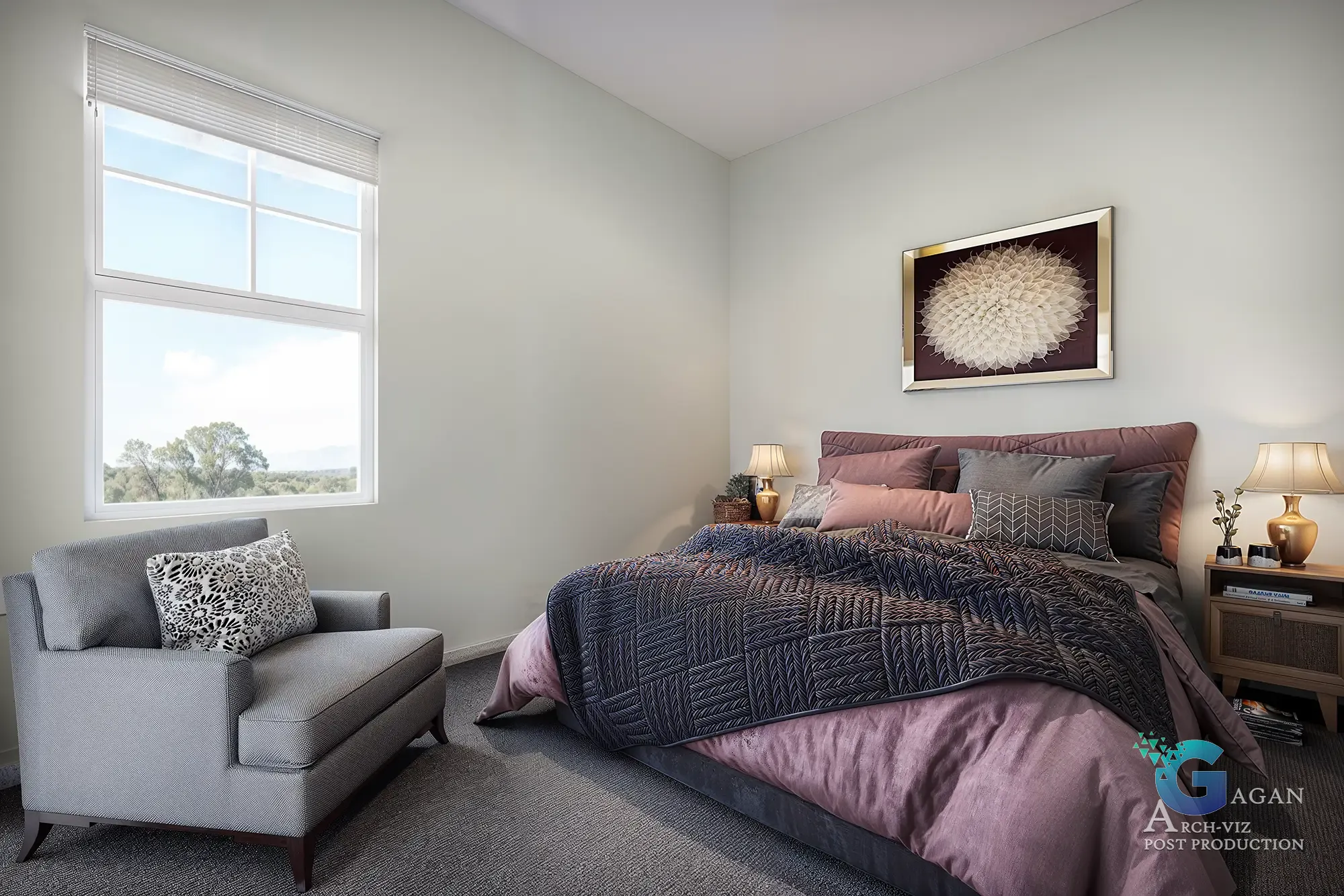 Bedroom Design Visualization 3d CGI, luxury bed in the middle cozy interior, painting on wall, large window, cozy sofa