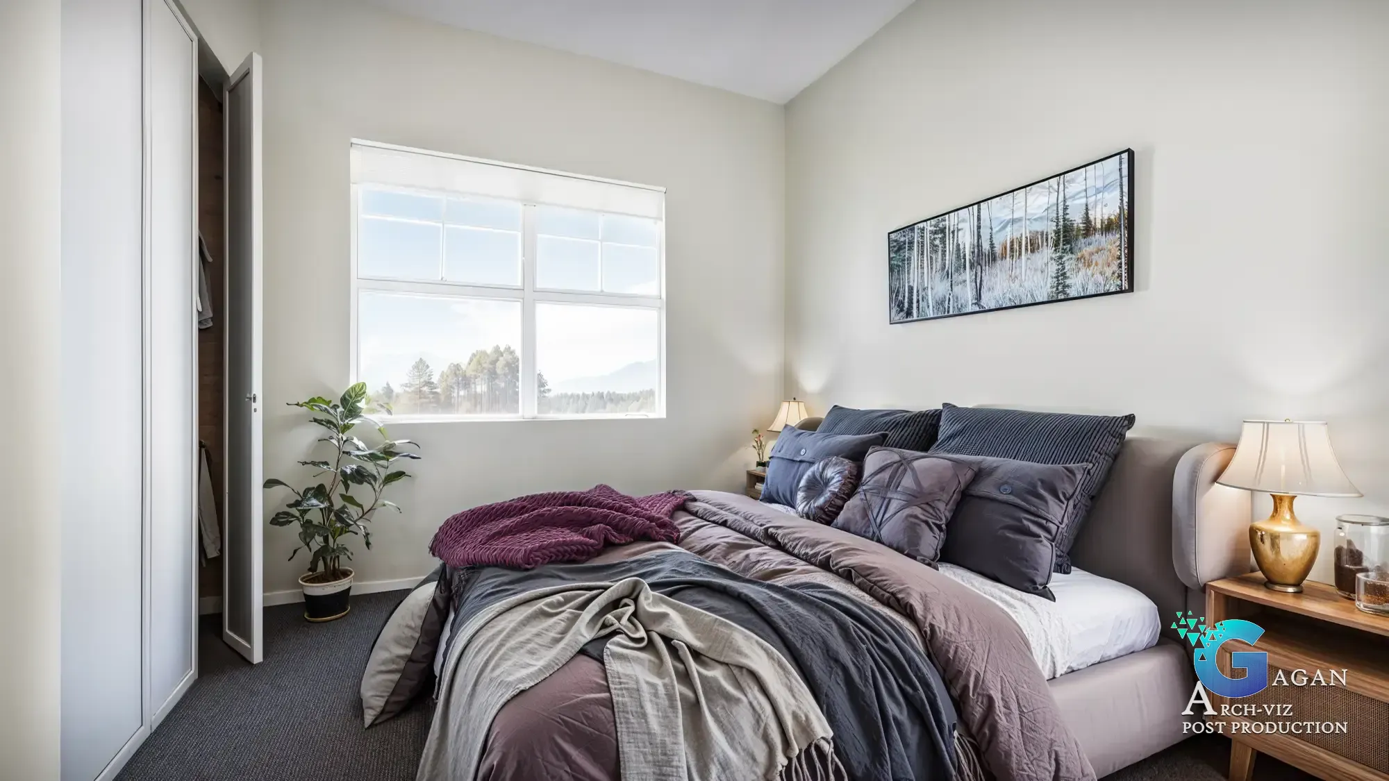 3D rendering of a cozy modern bedroom featuring a neatly made bed, decorative pillows and blankets, a window view of trees and mountains, an open closet, and stylish furniture, emphasizing realistic textures and natural lighting