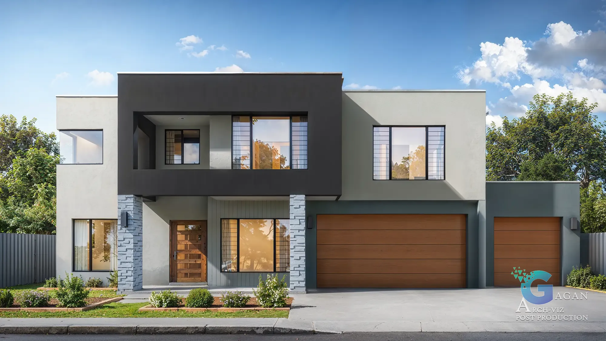 3D render of a modern residential house with a flat roof, large glass windows, stone cladding, wooden garage doors, landscaped garden, and photorealistic architectural design