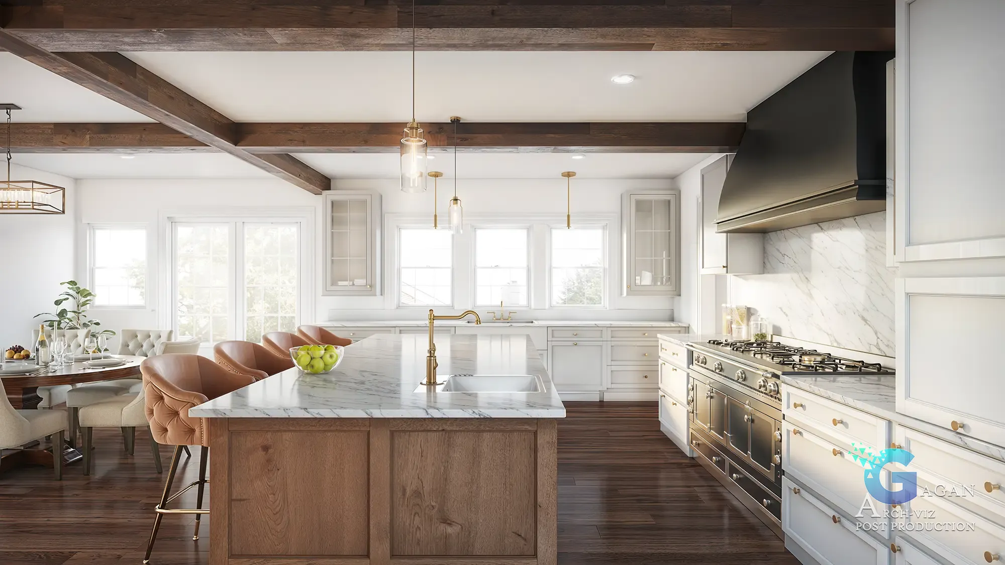 CGI kitchen rendering, white marble island and wooden flooring, natural sunlight coming from large windows