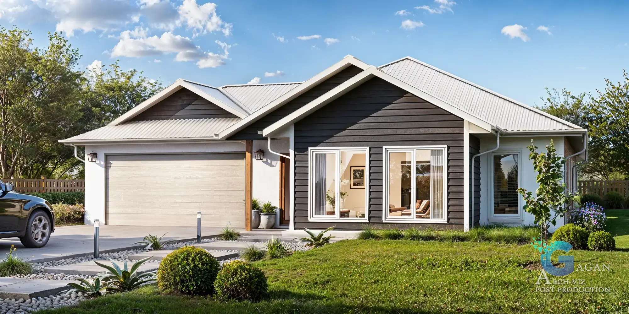 Photorealistic 3D rendering of a modern single-story house with light and dark exterior walls, large garage, wide windows, landscaped garden, and a sunny sky.