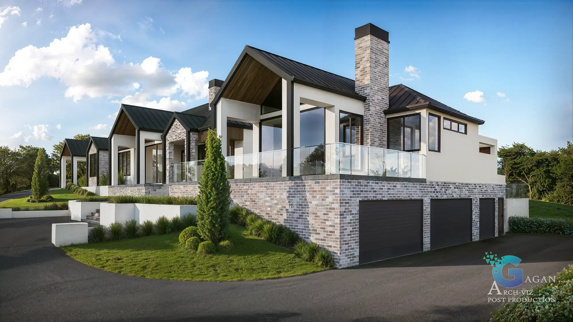 Modern residential 3D rendering of a modern residential building with black metal gabled roofs, large glass windows, brick chimney, raised balcony, landscaped yard, and realistic textures.