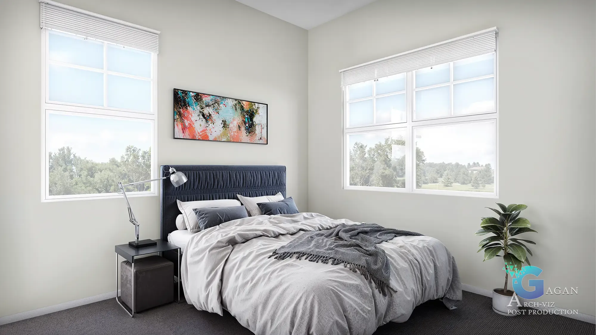 Condos Design Bedroom Minimal 3d Visualization, large windows bedroom in middle, plants, painting on wall