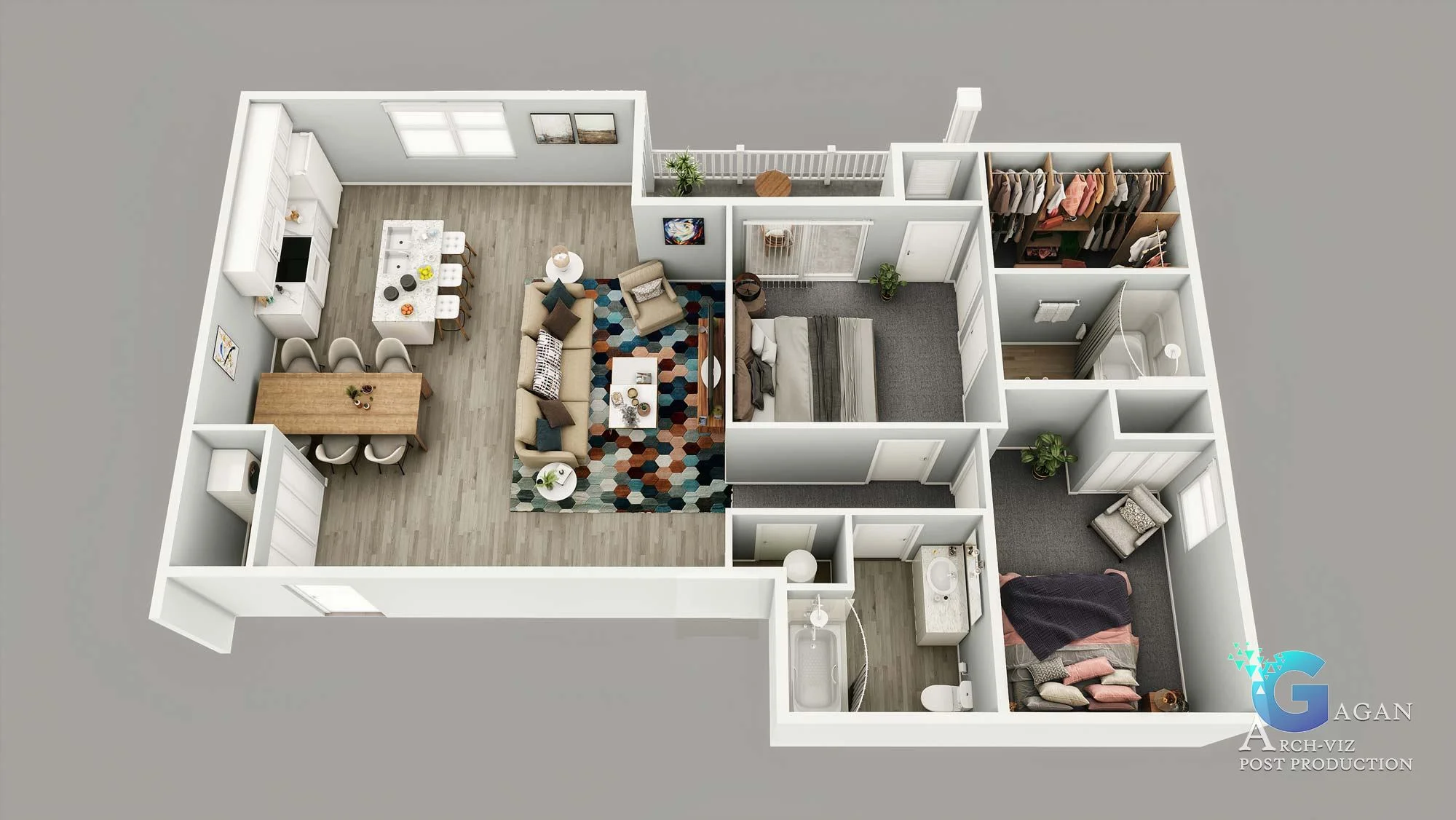 floor plan 3d rendering of a house, showcasing interior furniture like bed, sofa carpet, dinning table