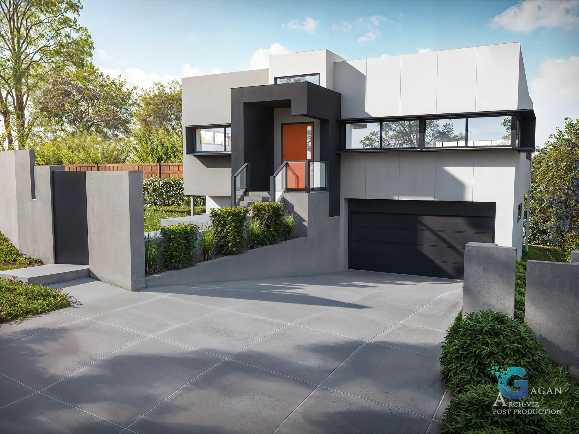 3D rendering of a modern two-story house with white and black walls, orange front door, black garage, large glass windows, and landscaped yard with shrubs,