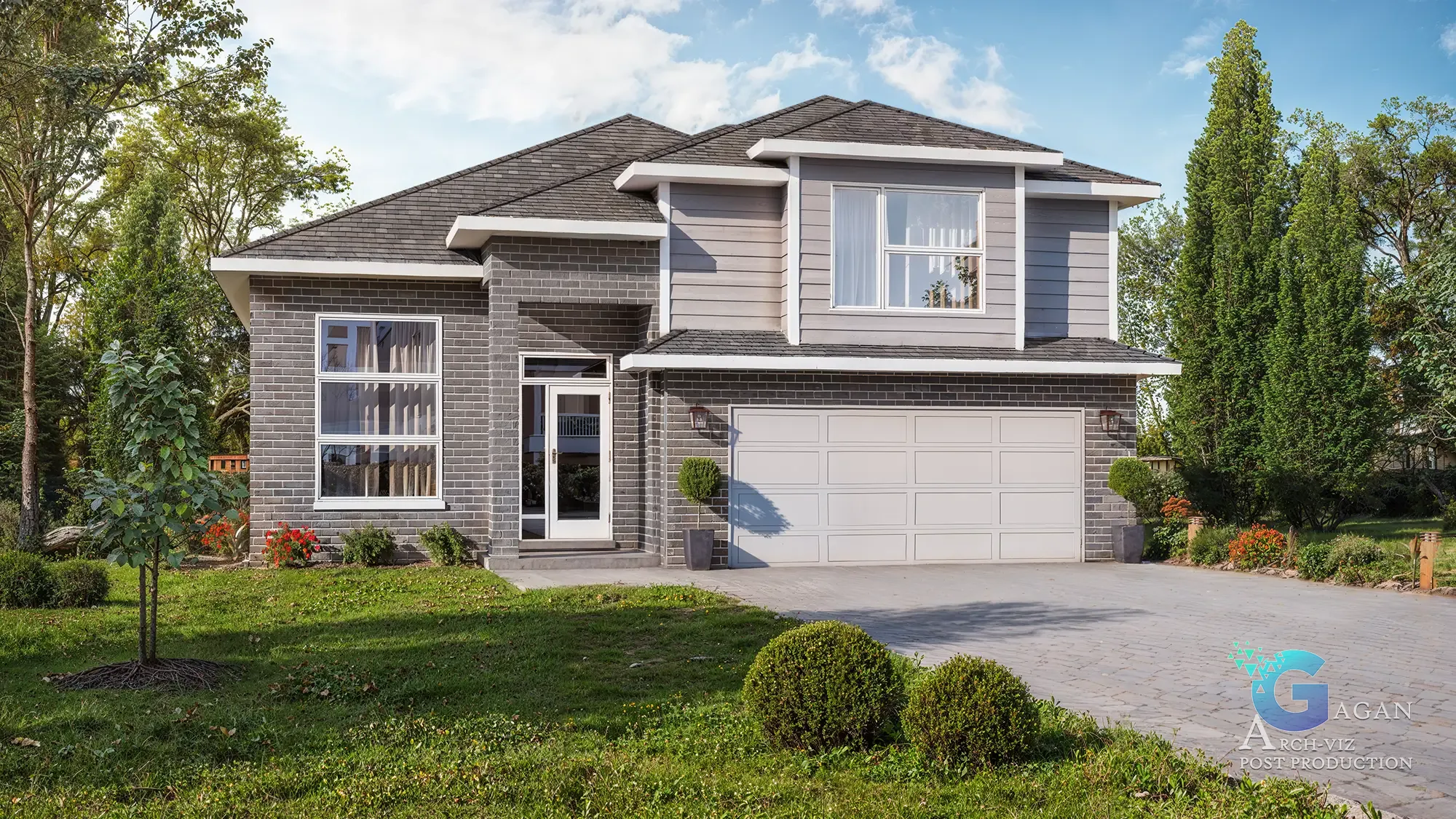 3D render of a modern two-story house with a gray brick facade, shingle roof, large garage, glass front door, landscaped yard, and paved driveway.