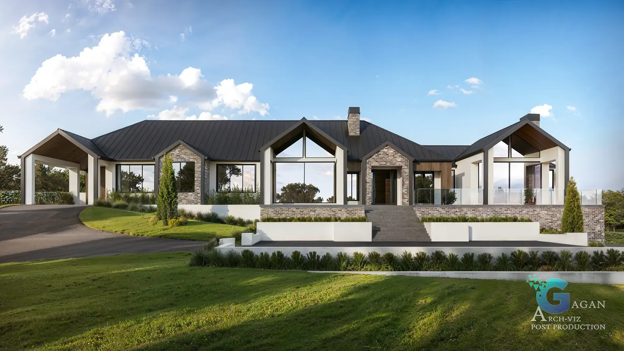 Photorealistic 3D rendering of a modern single-story house with a dark sloped roof, large windows, brick and white plaster exterior, landscaped greenery, a paved driveway, and a covered parking area under a clear sky,