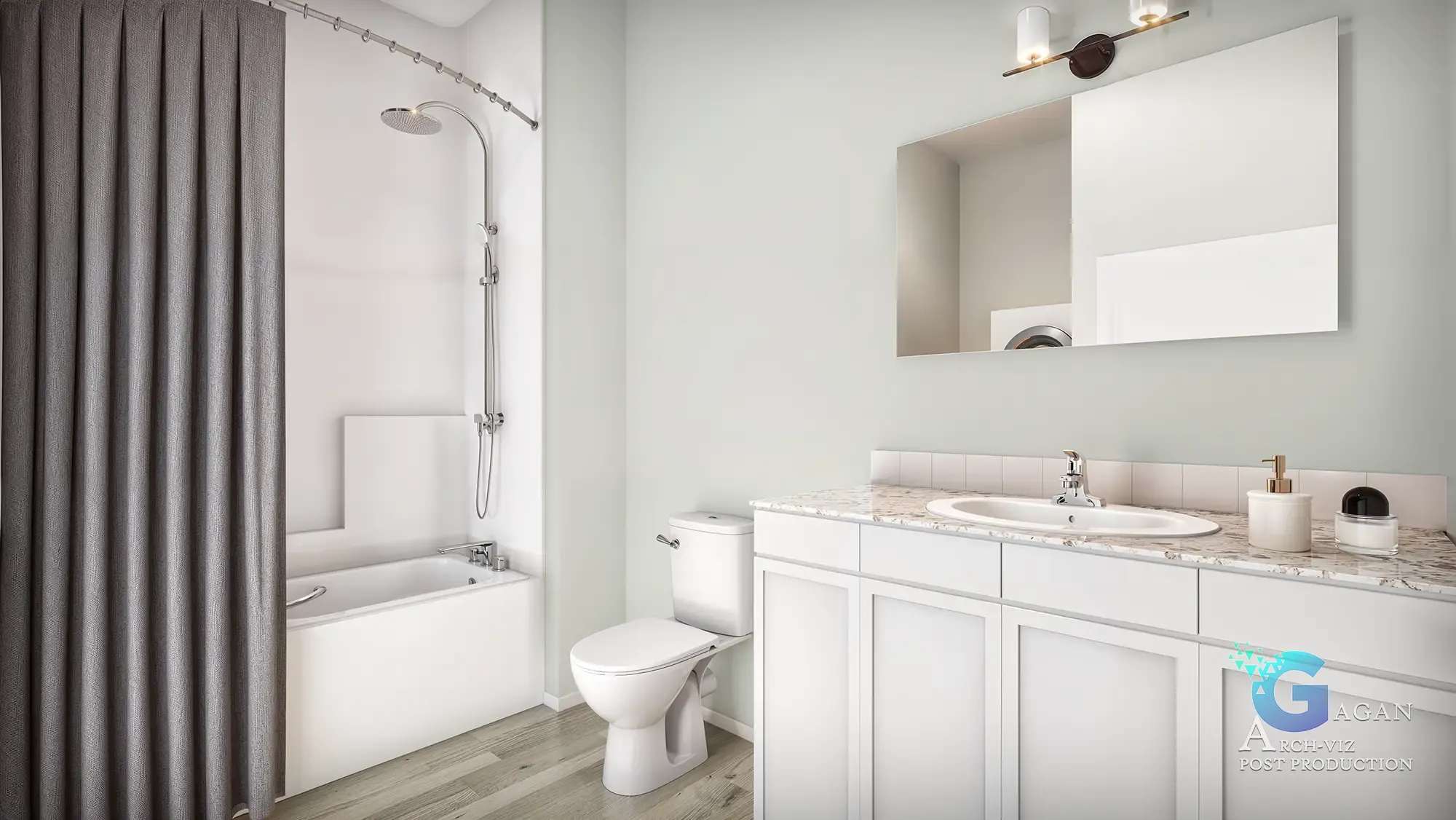 Minimal Bathroom 3d Visualization services, wooden floor, white wall, white marble, sink