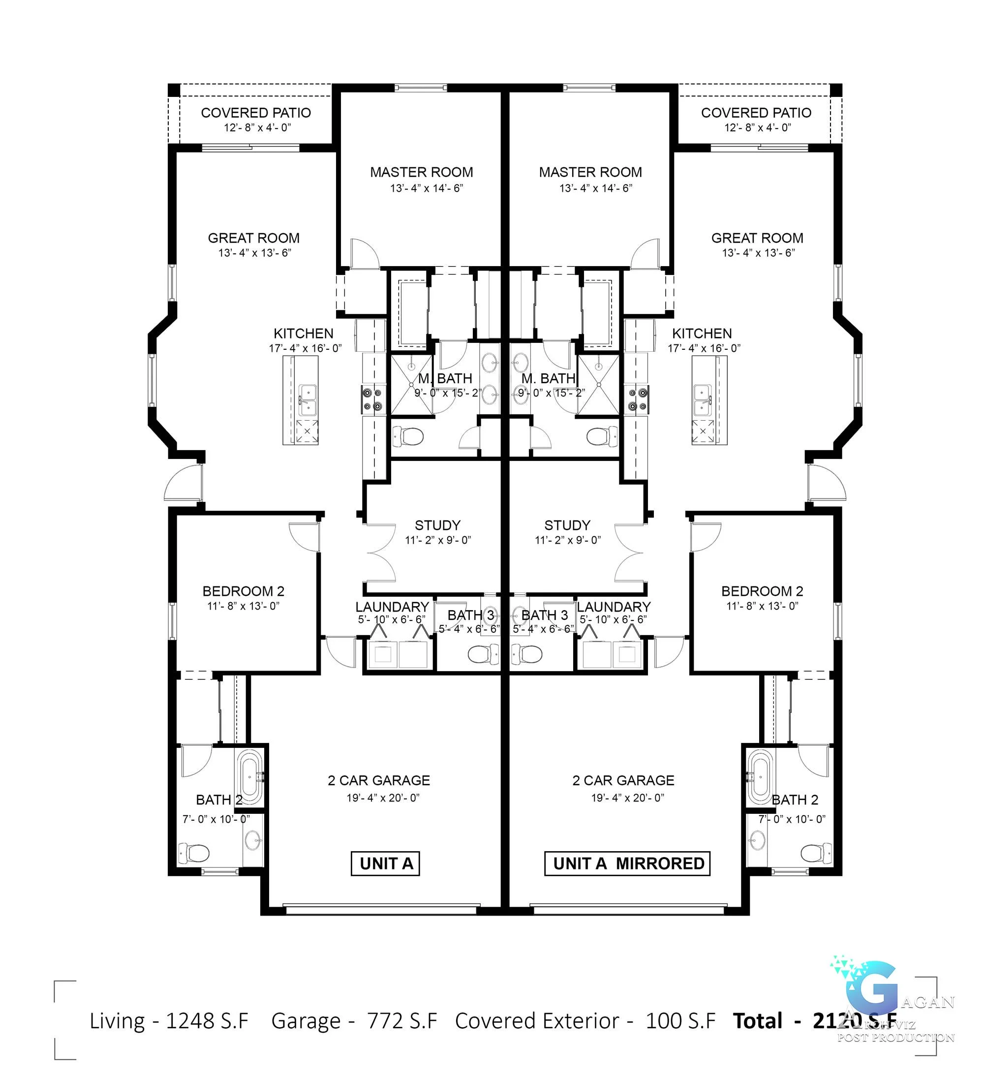real estate rendering 2d floor plan in photoshop, with dimension of each room mentioned