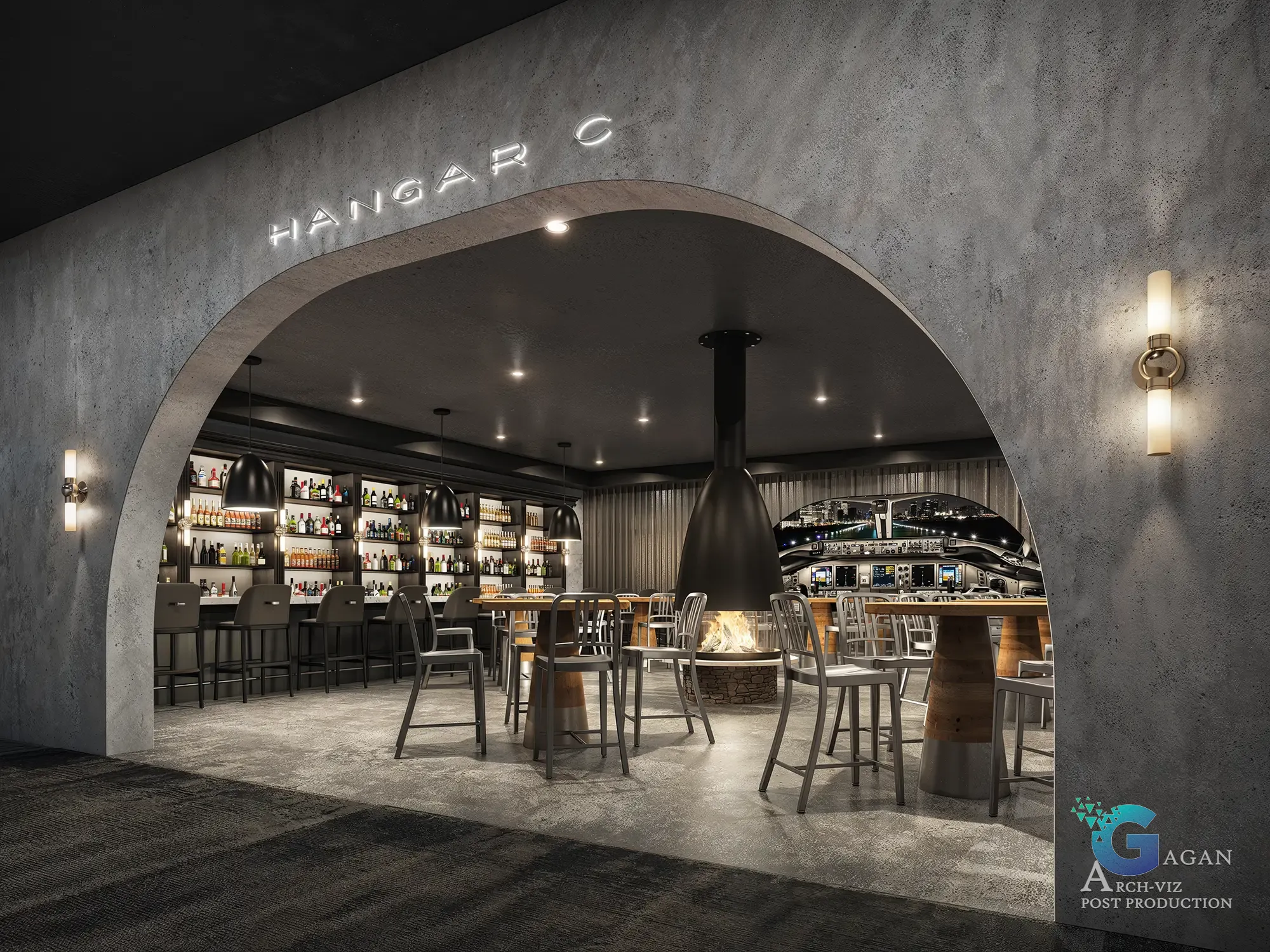 Interior of Hangar C bar with arched entrance, illuminated signage, central fireplace, modern bar counter, and ambient lighting, -NORTH BOSTON-mimiwalsh