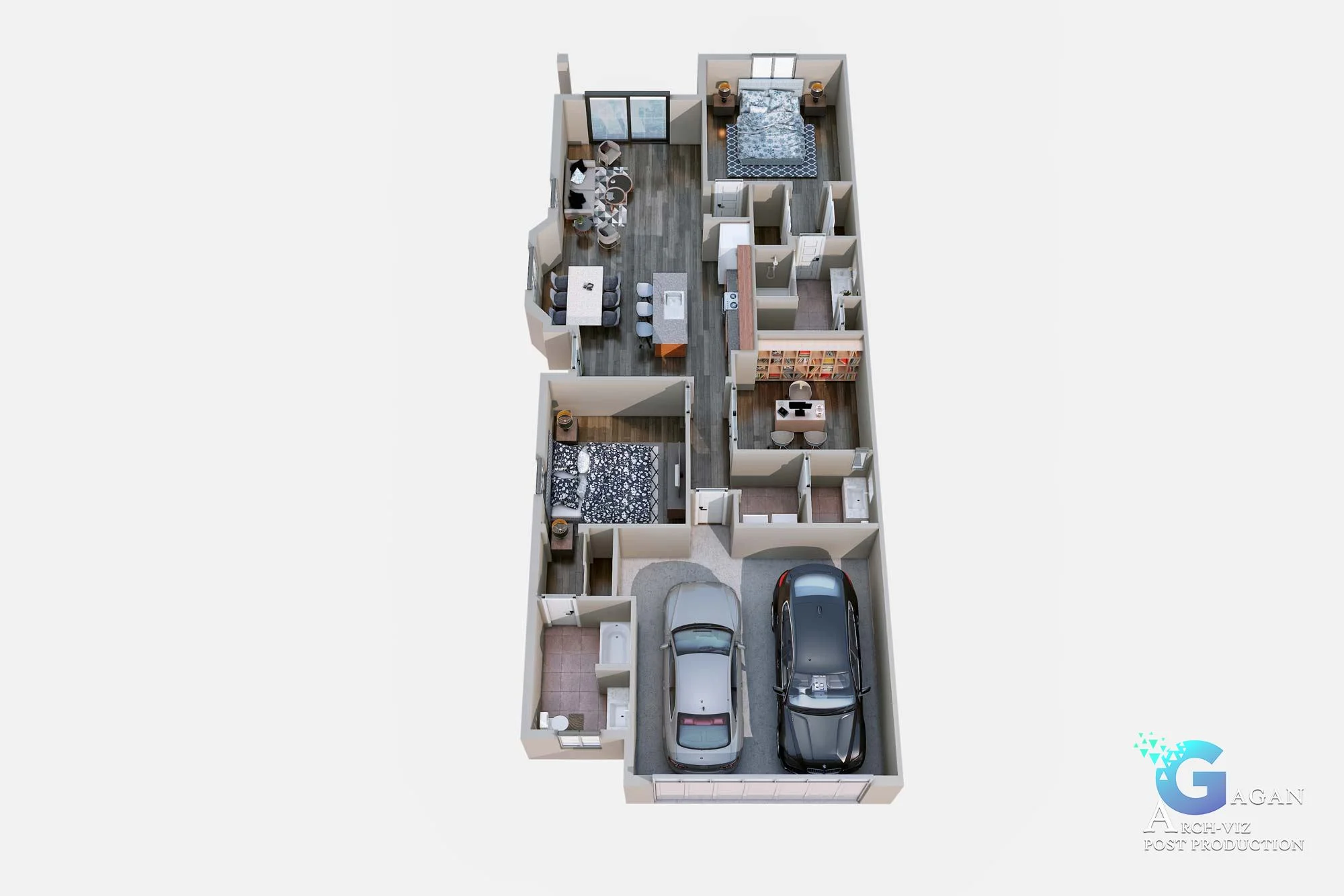 single unit floor plan 3d rendering, wooden flooring, grey wall, 2 cars in garage