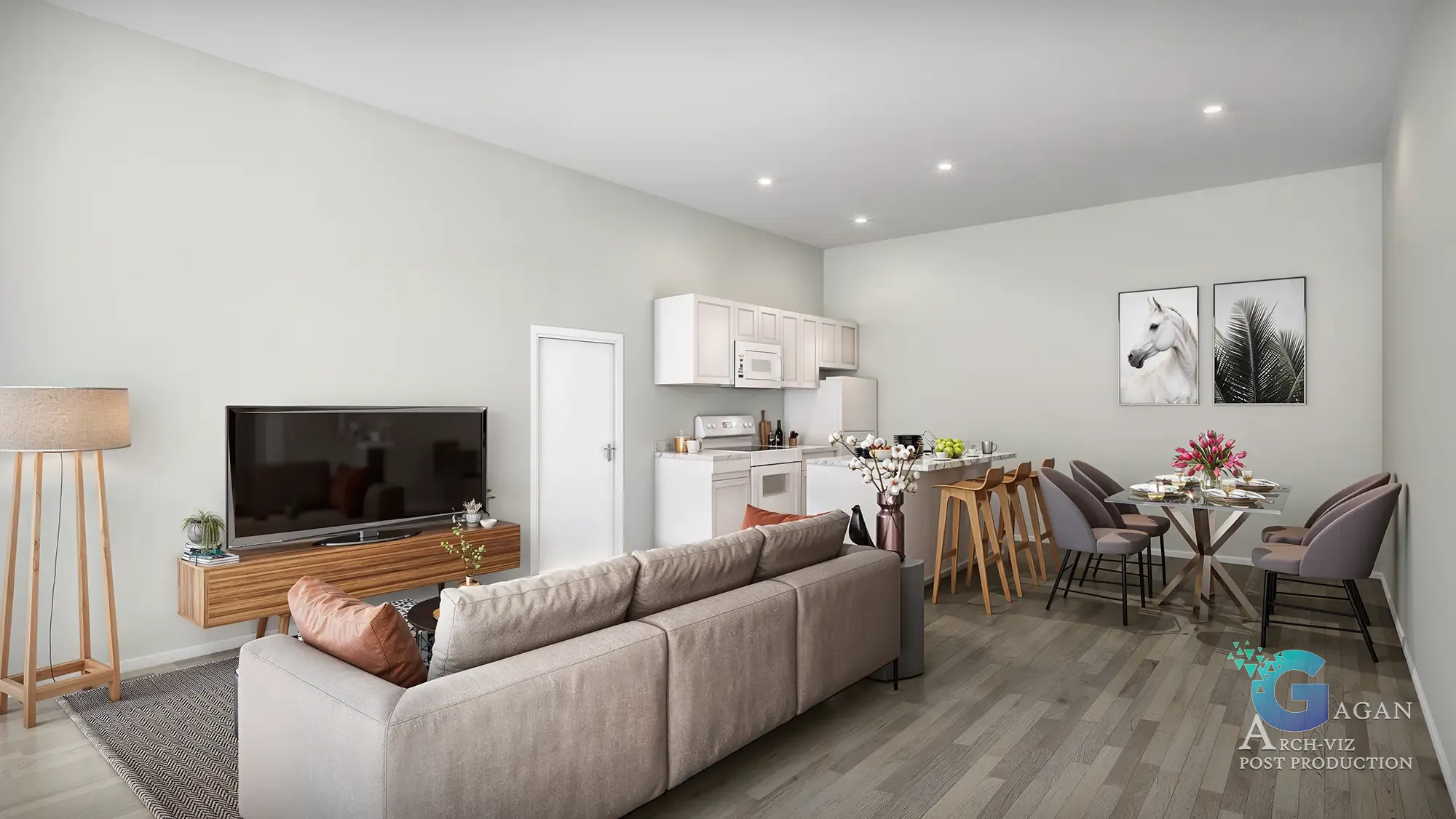 elegant cozy living area with beige sofa ,white wall and wooden planks, apartment 3d rendering, Greenville