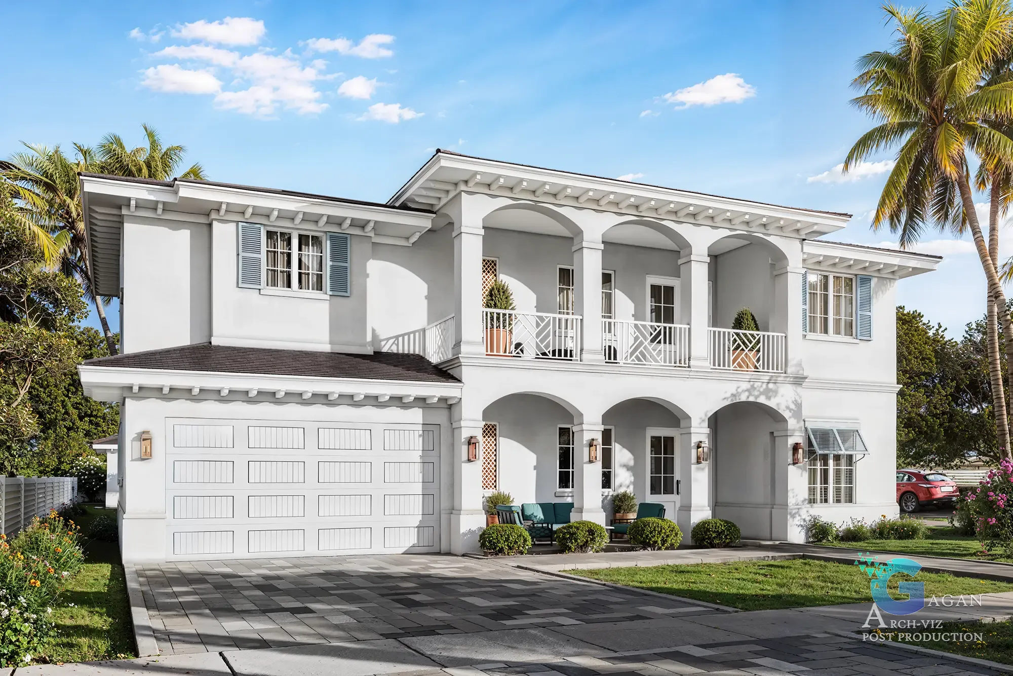 3D architectural rendering of a tropical two-story house in west palm beach coastal, featuring a tiled roof, blue shutters, landscaped front yard, and driveway with square tiles leading to a garage
